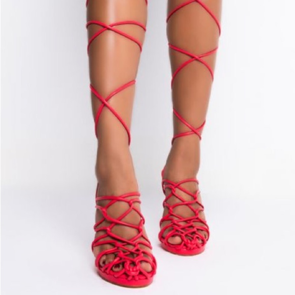 Azalea Wang Coral Orange Vegan Leather Wrap Around Square Sandals